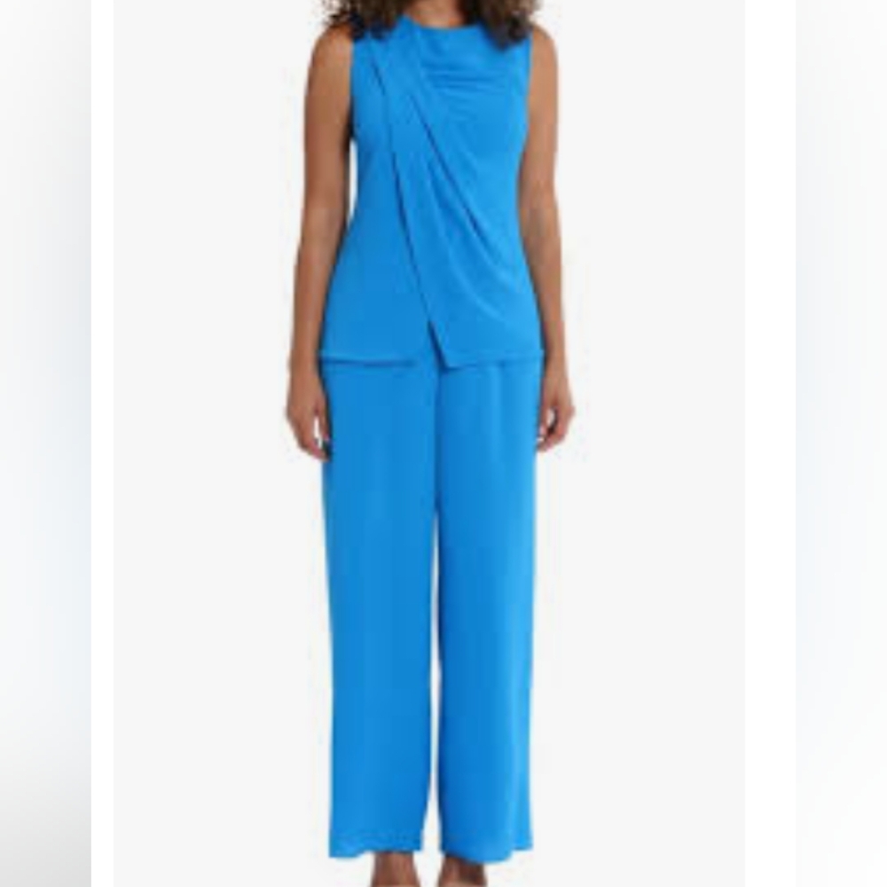London Times Blue Jumpsuit with Wide Leg and Sleeveless Design